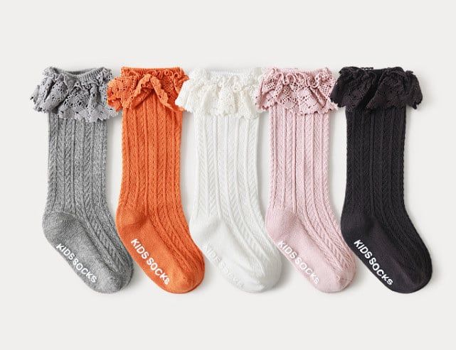 Tất len Mumudora cao tới gối viền ren 5 màu trơn