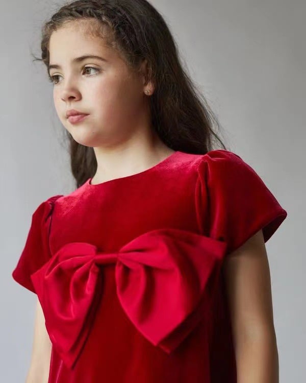 V00116 - Váy nhung đỏ đính nơ ngực size 5 - 11y