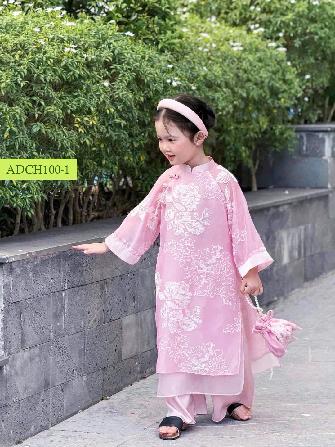 ADCH100 - Áo dài Cho Hee tơ hồng thêu hoa trắng size 3-12y