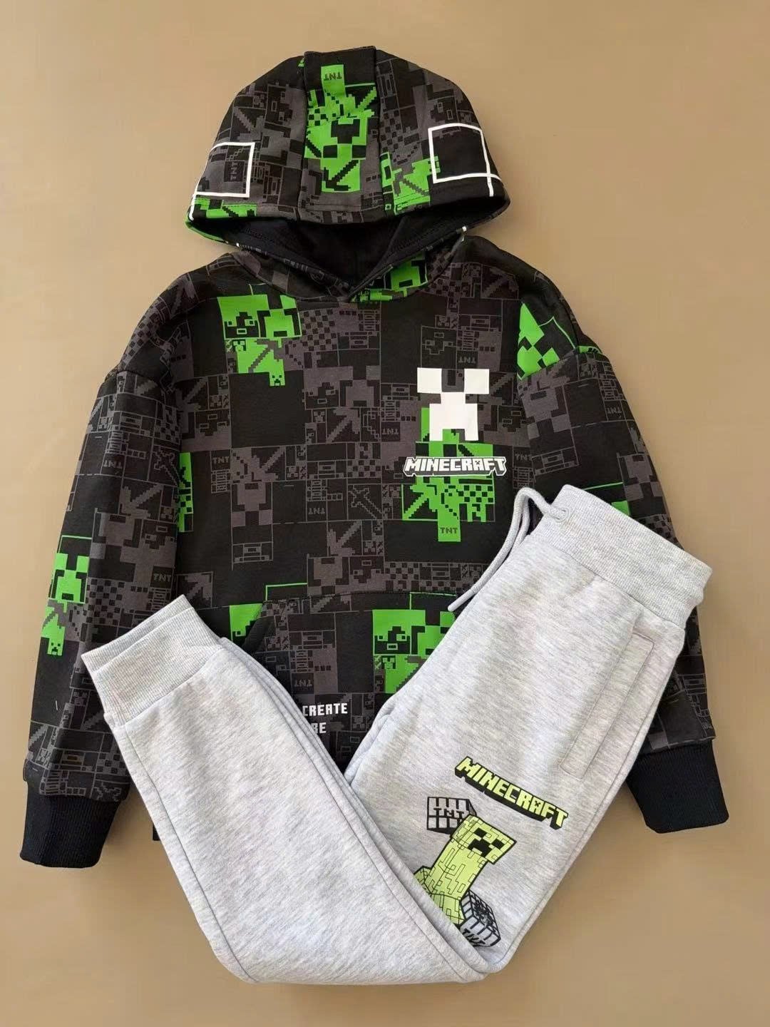Bộ nỉ MineCraft áo hoodie in tràn - quần ghi size 6 - 15y
