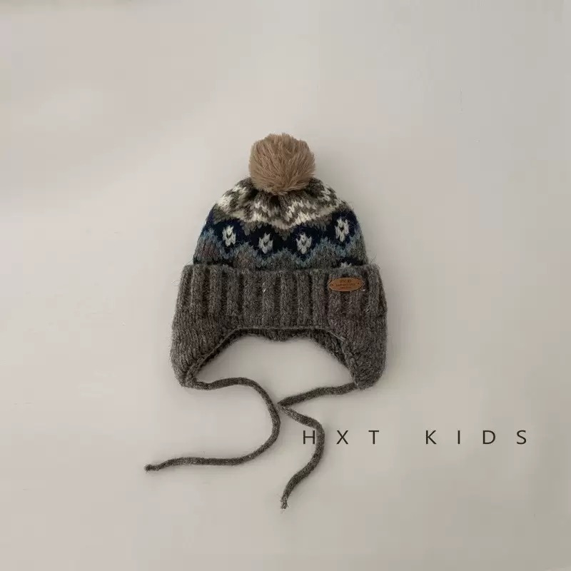 Mũ len chùm tai cục bông họa tiết thổ cẩm cho bé size 47-52cm
