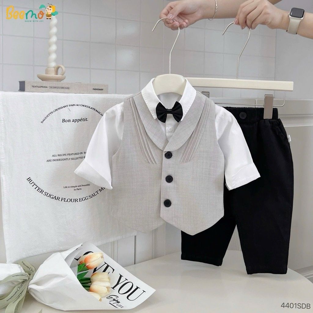 Bộ gile vest 4ct Beemo mặc sự kiện màu be cho bé trai size 80-130