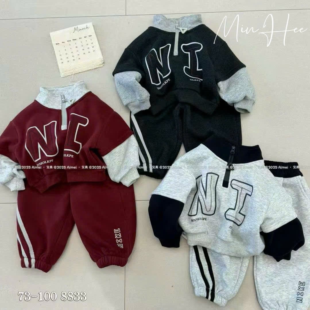 8833 - Bộ nỉ lót nỉ QCCC NI 2 màu ghi đậm/ghi nhạt cho bé size 73-100