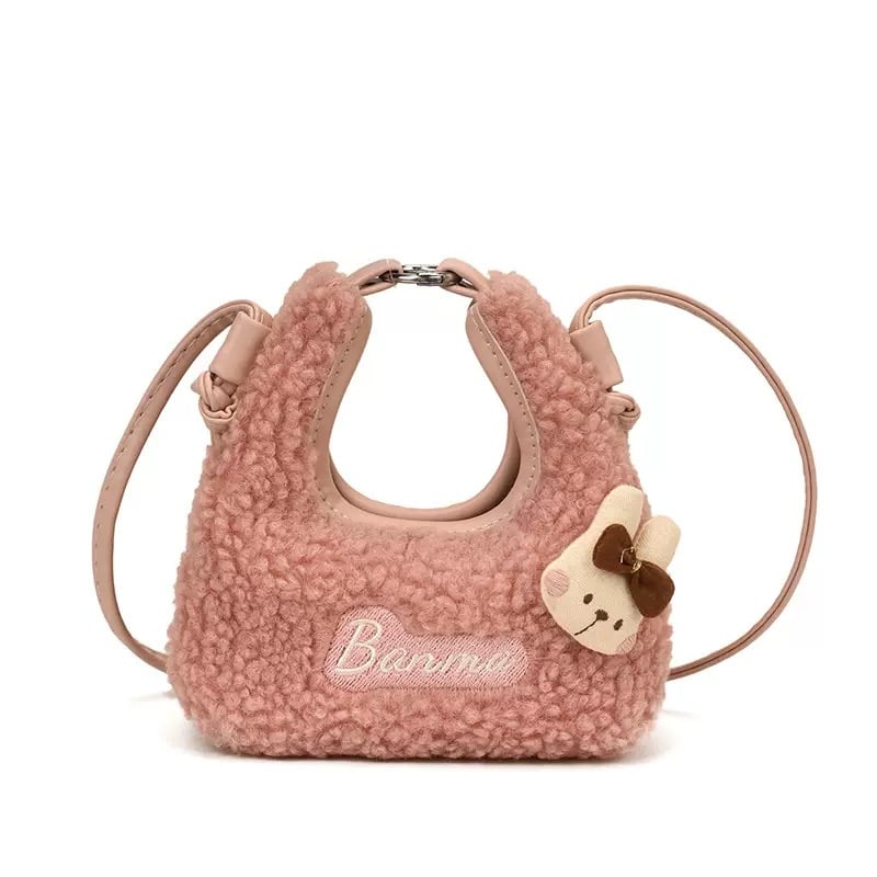 Túi xách lông cùn mini hình bán nguyệt đính thỏ cho bé