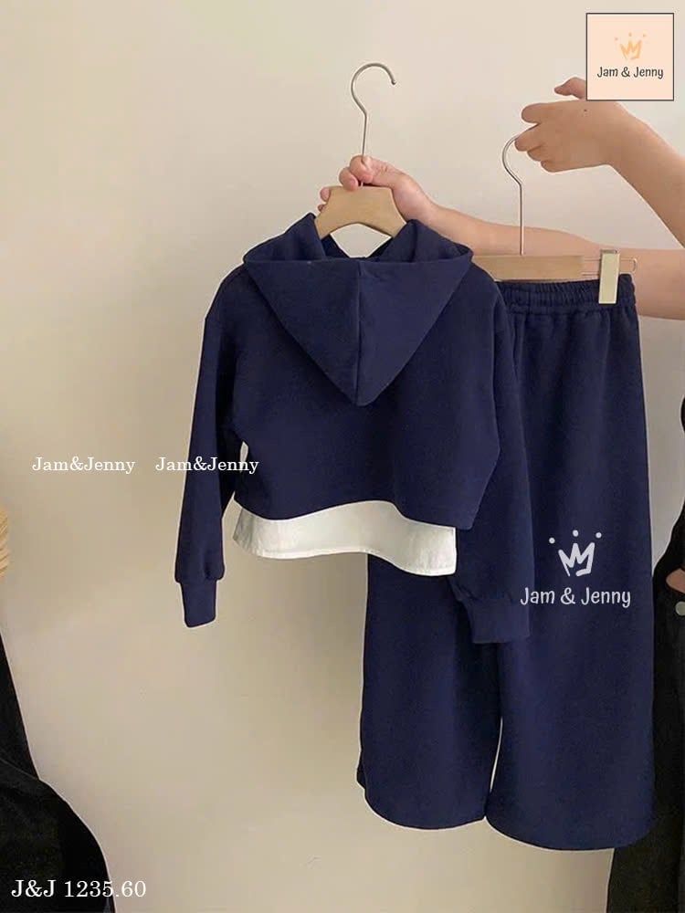 JJ 1235 - Bộ nỉ Jam & jenny hoodie WooSo xanh phối vạt trắng size 2-12y