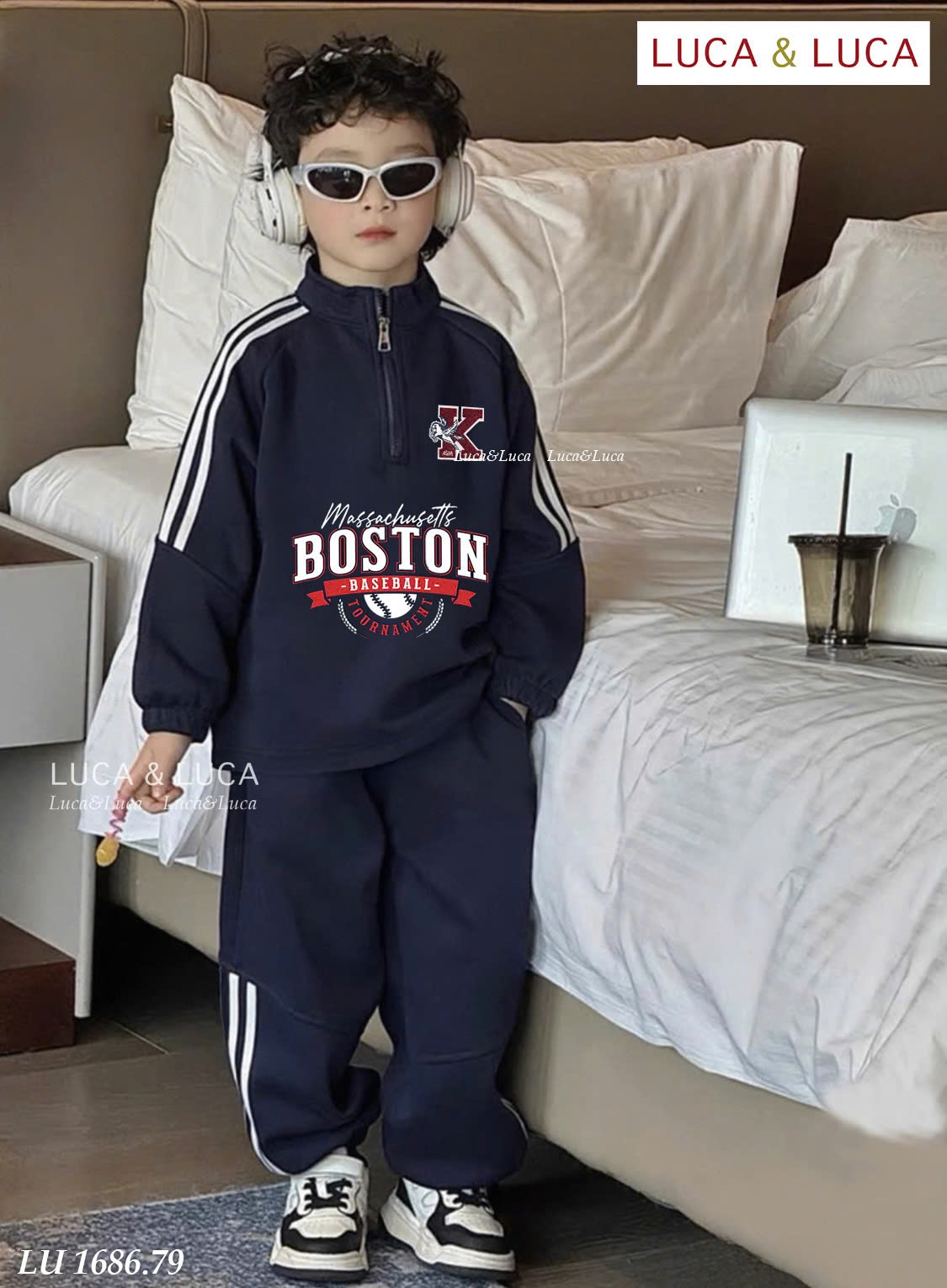 Lu 1686 - Bộ nỉ hai da Luca Boston cổ kéo khóa màu navy bé trai size 2-12y