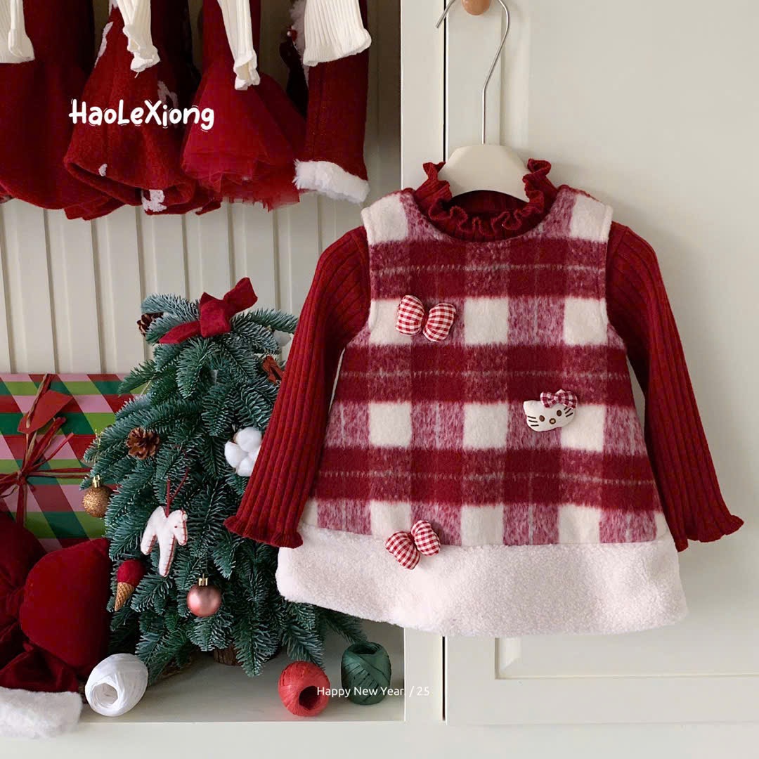 53568 - Set 2ct áo len đỏ + váy dạ kẻ caro bé gái size 73-100