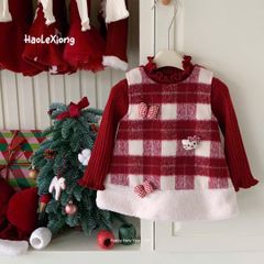 53568 - Set 2ct áo len đỏ + váy dạ kẻ caro bé gái size 90-130