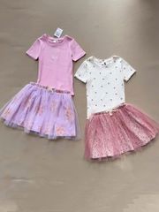 Set Cotton On áo thun tăm trắng cherry / hồng nơ + chân váy BG size 2 - 8y