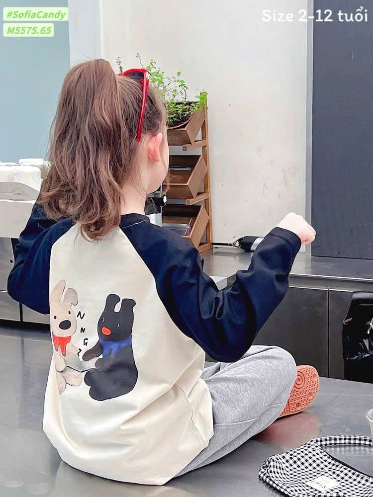M5575 - Bộ Mia Kids áo dài tay cotton in hình cún + quần nỉ ghi size 2-12y