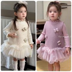 F25111 - Set 2ct QC Fanxiaoke áo len tăm + váy công chúa hồng/kem size 80-120