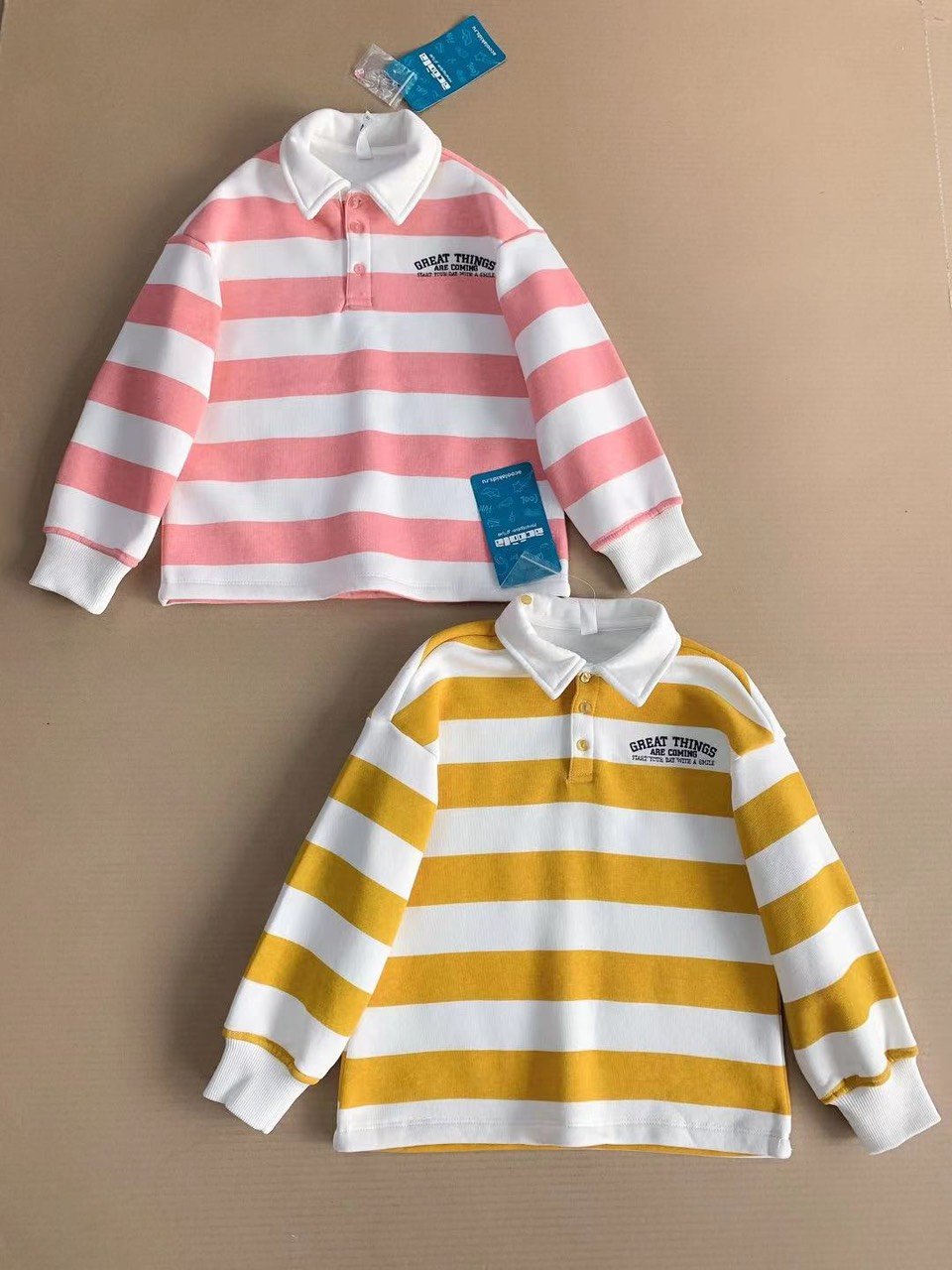 Áo nỉ bông polo 2 màu kẻ vàng trắng / kẻ hồng trắng size 98 - 158