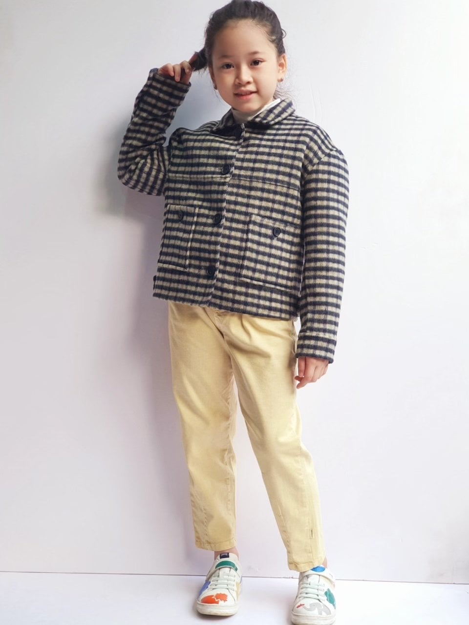 Áo dạ lông cừu khâu tay 2 màu kẻ size 140 / 150