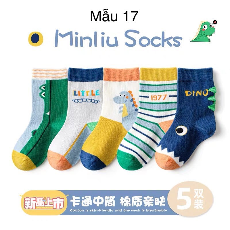 Set 5 tất Minliu Kids Socks nhiều hình Bé Trai size S - XL ( 2 - 12y )