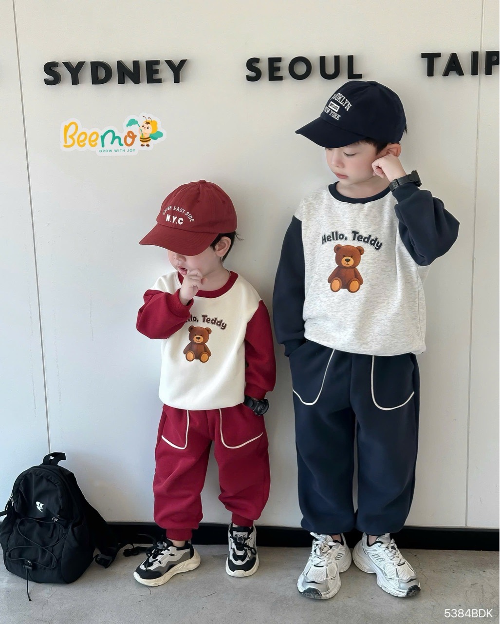 Bộ nỉ Beemo hai da tay giác lăng in gấu teddy 2  màu cho bé size 1-10y