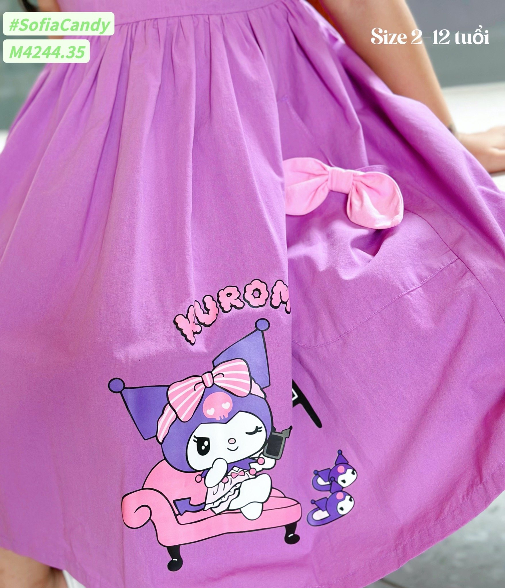 M4244 - Váy Mia Kids Kuromi tím phối nơ túi size 2-12y