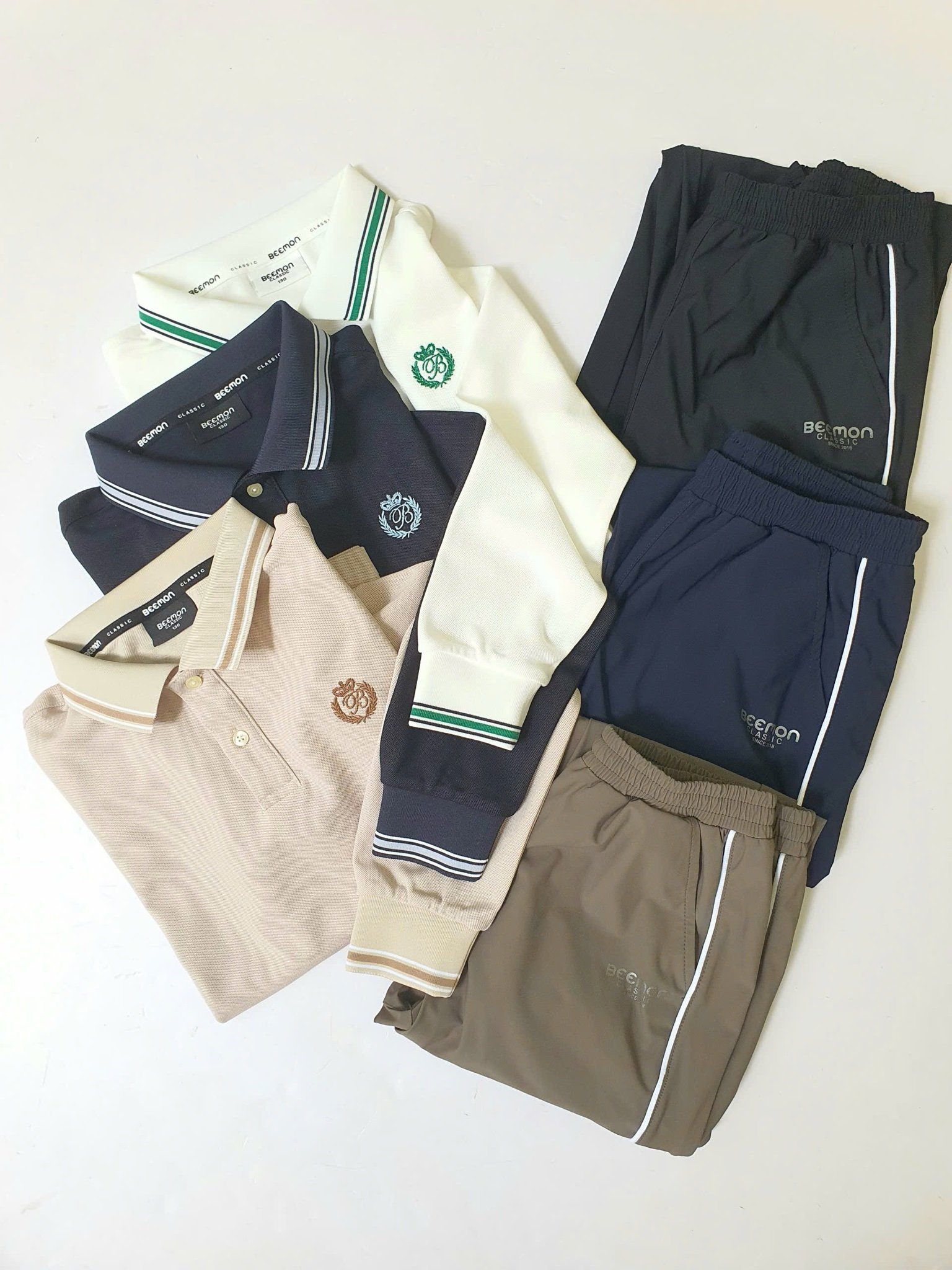 Bộ Polo cổ đức Beemon dài tay 3 màu trắng / be / navy cho bé size 120 - 160