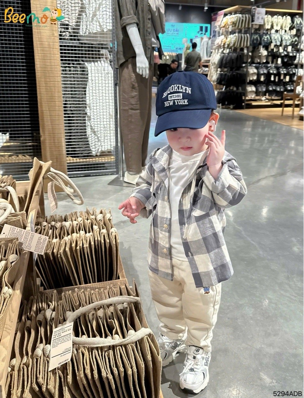 Áo sơ mi Beemo kẻ caro liền mũ 2 màu cho bé size 1-6y