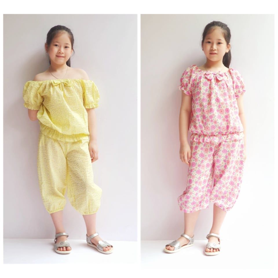 Bộ thô nhăn xuất Hàn chun cổ nơ ngực - quần lửng bo gấu 2 màu size 100 - 140