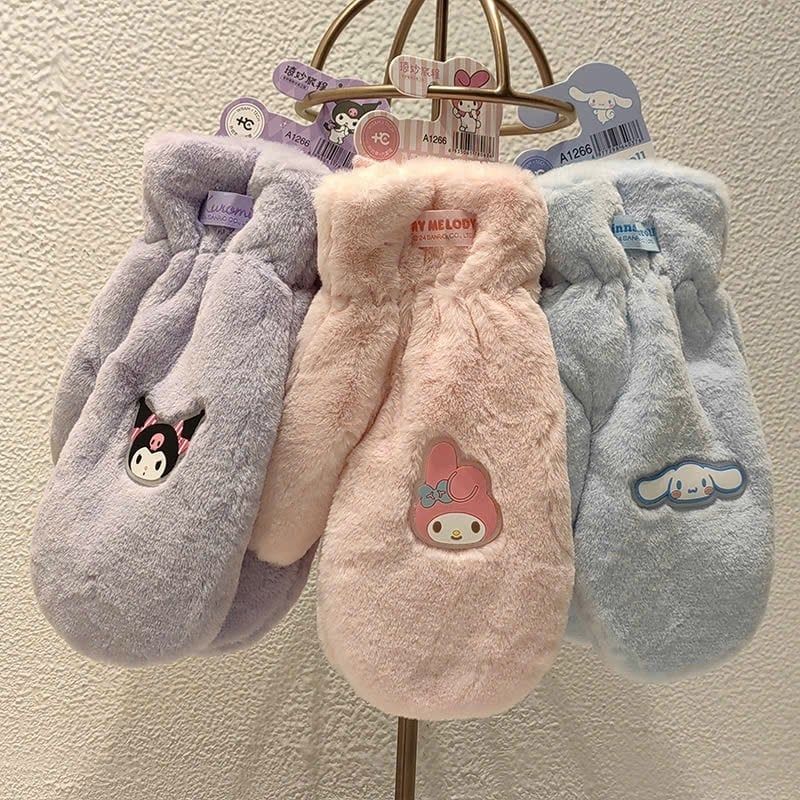 Găng tay lông chụp ngón hoạ tiết Kuromi, Melody, Cinnamoroll bé gái dòng đại size 8-14y