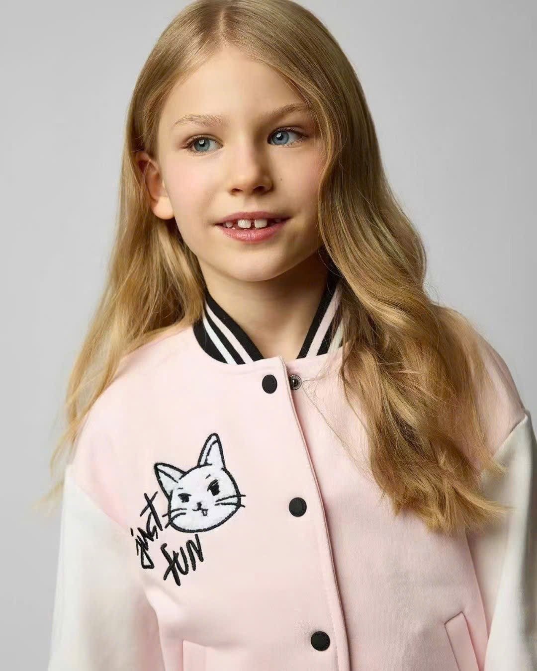 AK64 - Áo khoác bomber nỉ bông Futurino màu hồng hình mèo bé gái size 104-164