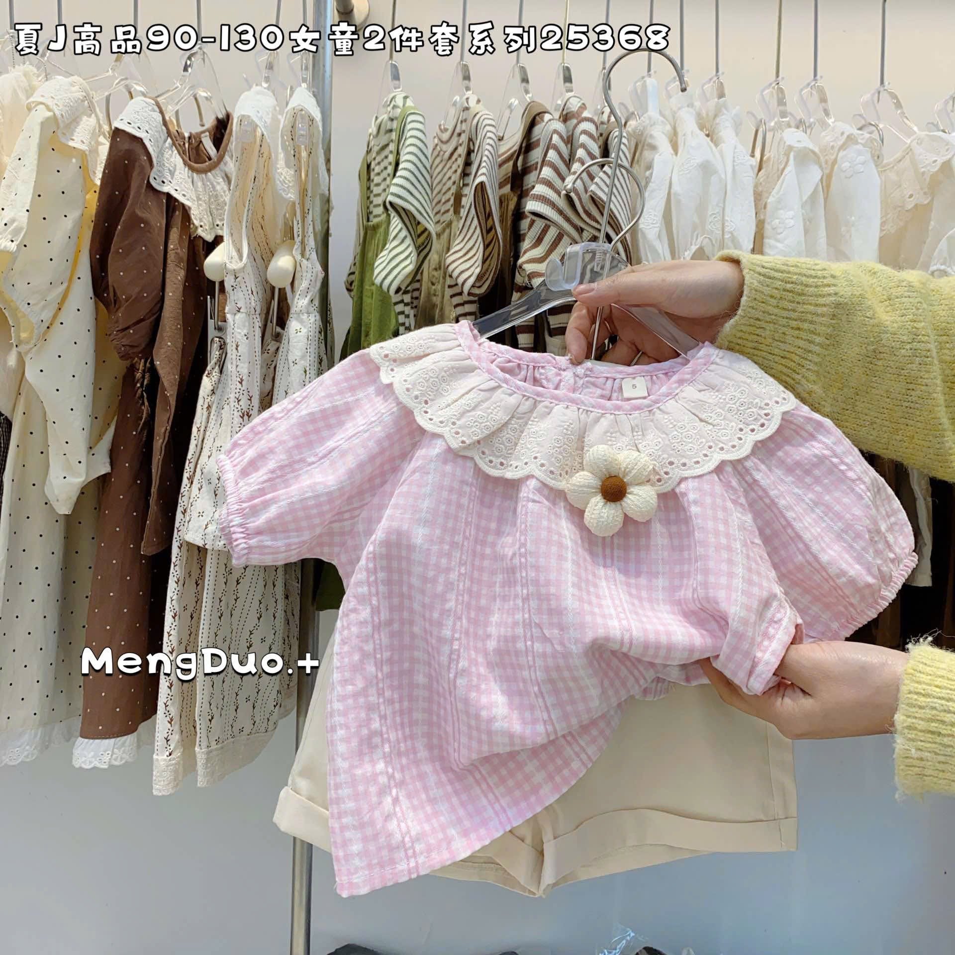 Bộ thô QC áo caro cổ ren trắng + quần short kaki 3 màu bé gái size 90-130