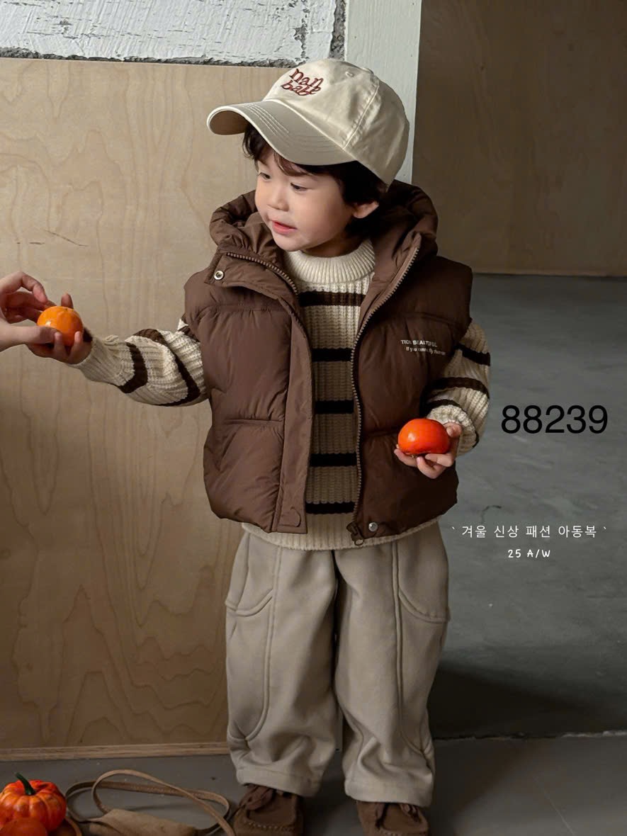 XAJT 88239 - Set 3ct QC áo + quần + gile phao nâu bé trai size 80-120