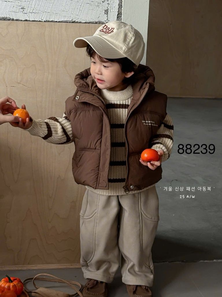 XAJT 88239 - Set 3ct QC áo + quần + gile phao nâu bé trai size 80-120