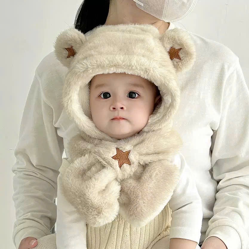 PK11 - Mũ choàng lông liền khăn thêu ngôi sao 2 màu cho bé Free size 2 - 6y