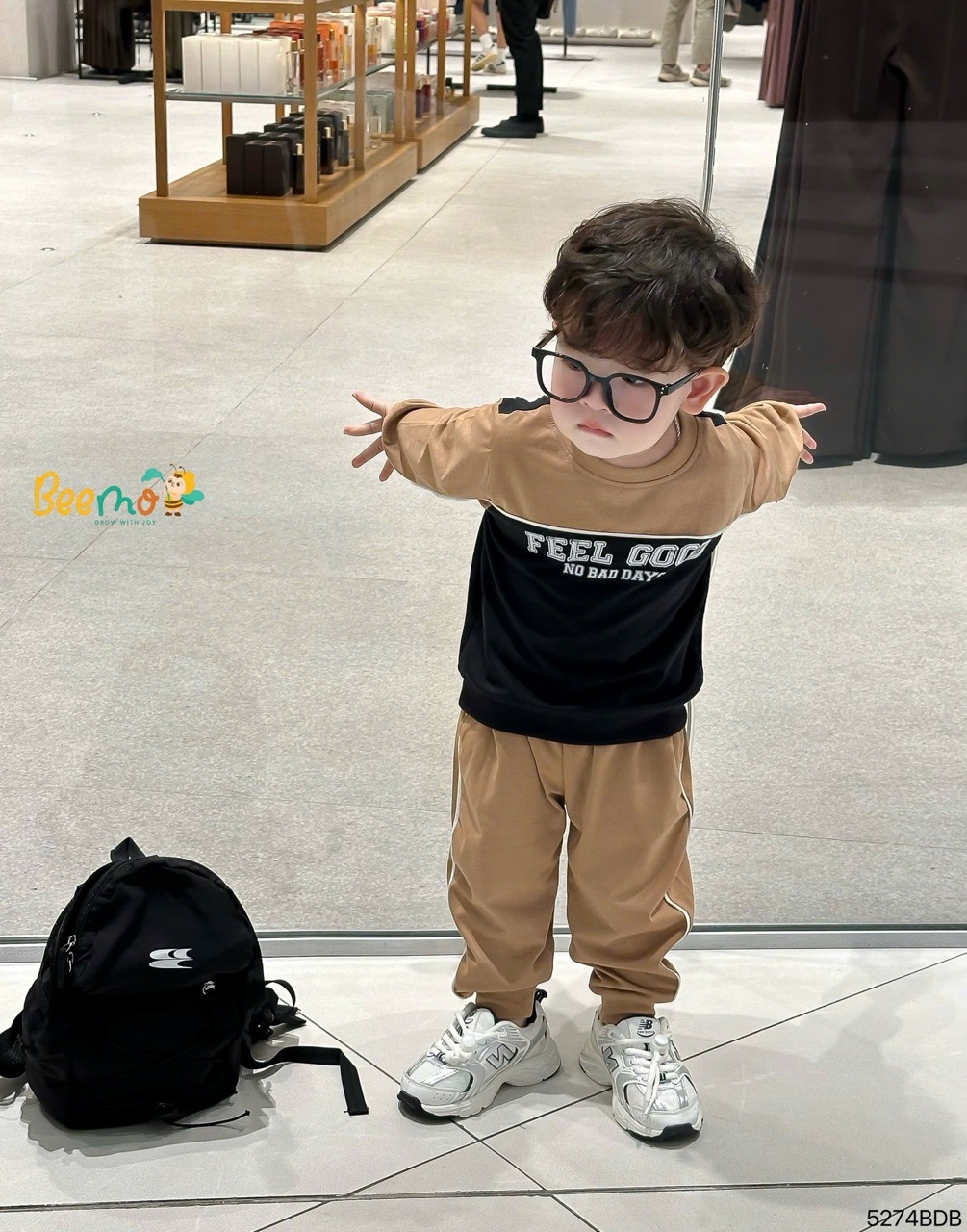 Bộ cotton dài tay phối chữ Beemo 2 màu nâu/xanh bé trai size 1-6y