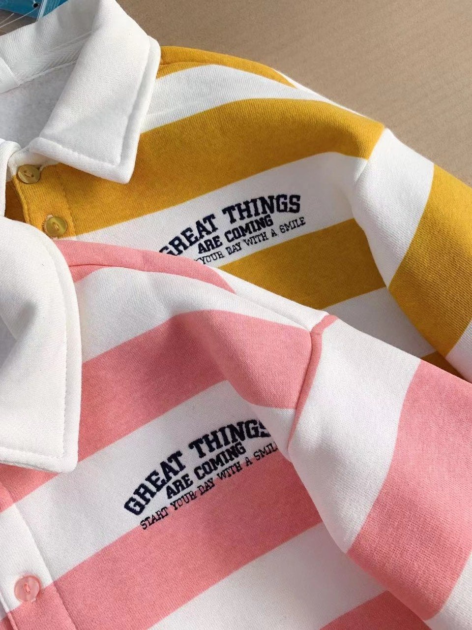 Áo nỉ bông polo 2 màu kẻ vàng trắng / kẻ hồng trắng size 98 - 158