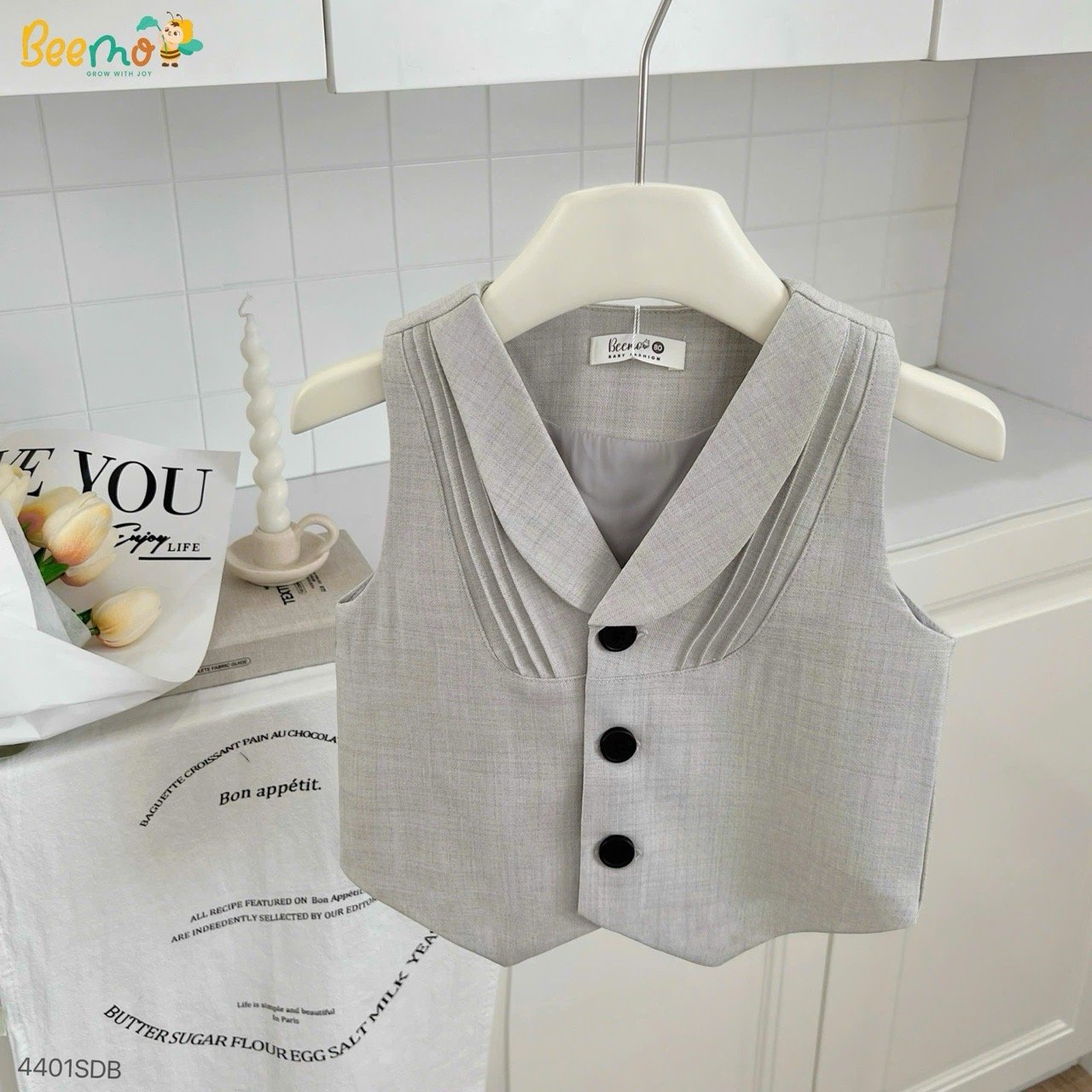 Bộ gile vest 4ct Beemo mặc sự kiện màu be cho bé trai size 80-130