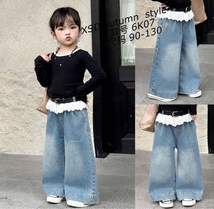 6K07 - Quần jean ống suông cạp viền ren trắng bé gái size 90-130