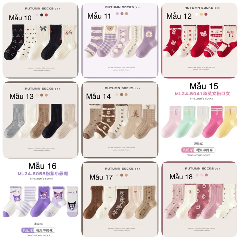 2024 - Set 5 tất Minliu Kids Socks nhiều hình Bé Gái size S - XL ( 2 - 15y )