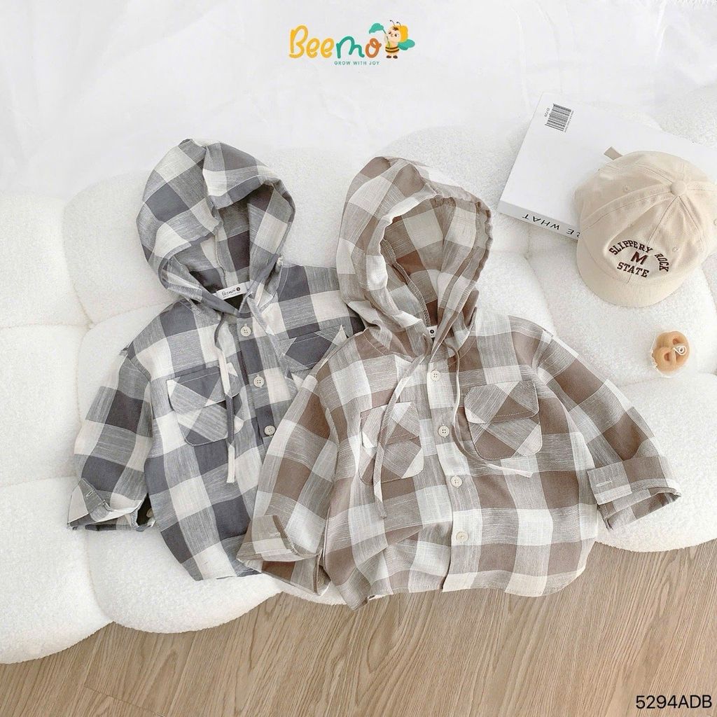 Áo sơ mi Beemo kẻ caro liền mũ 2 màu cho bé size 1-6y