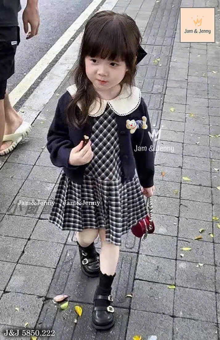JJ 5850 - Set 2ct Jam & Jenny váy kẻ caro xanh cổ sen + cardigan bé gái size 2-12y