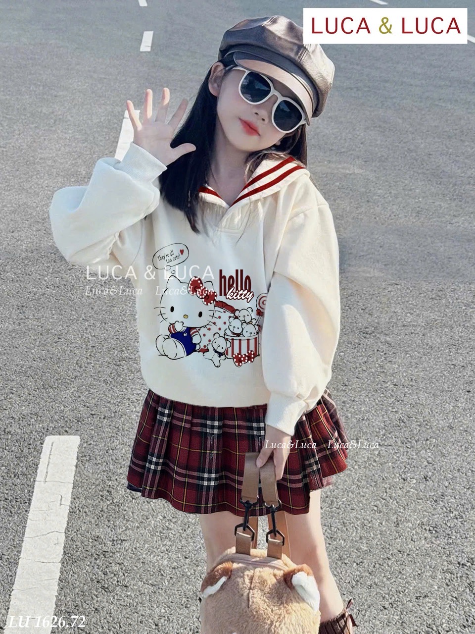 Lu 1626 - Bộ Luca áo cổ thủy thủ kitty + chân váy kẻ caro đỏ bé gái size 2-12y