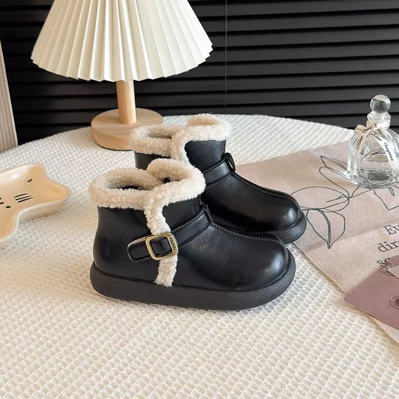 Bốt da cổ thấp viền lông 2 màu nâu/đen cho bé size 23-36