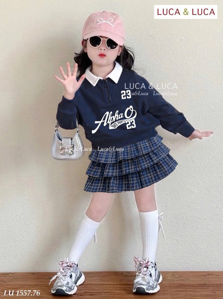 LU 1557 - Bộ bé gái Luca áo nỉ xanh Alpha 23 + chân váy kẻ 3 tầng size 2-12y