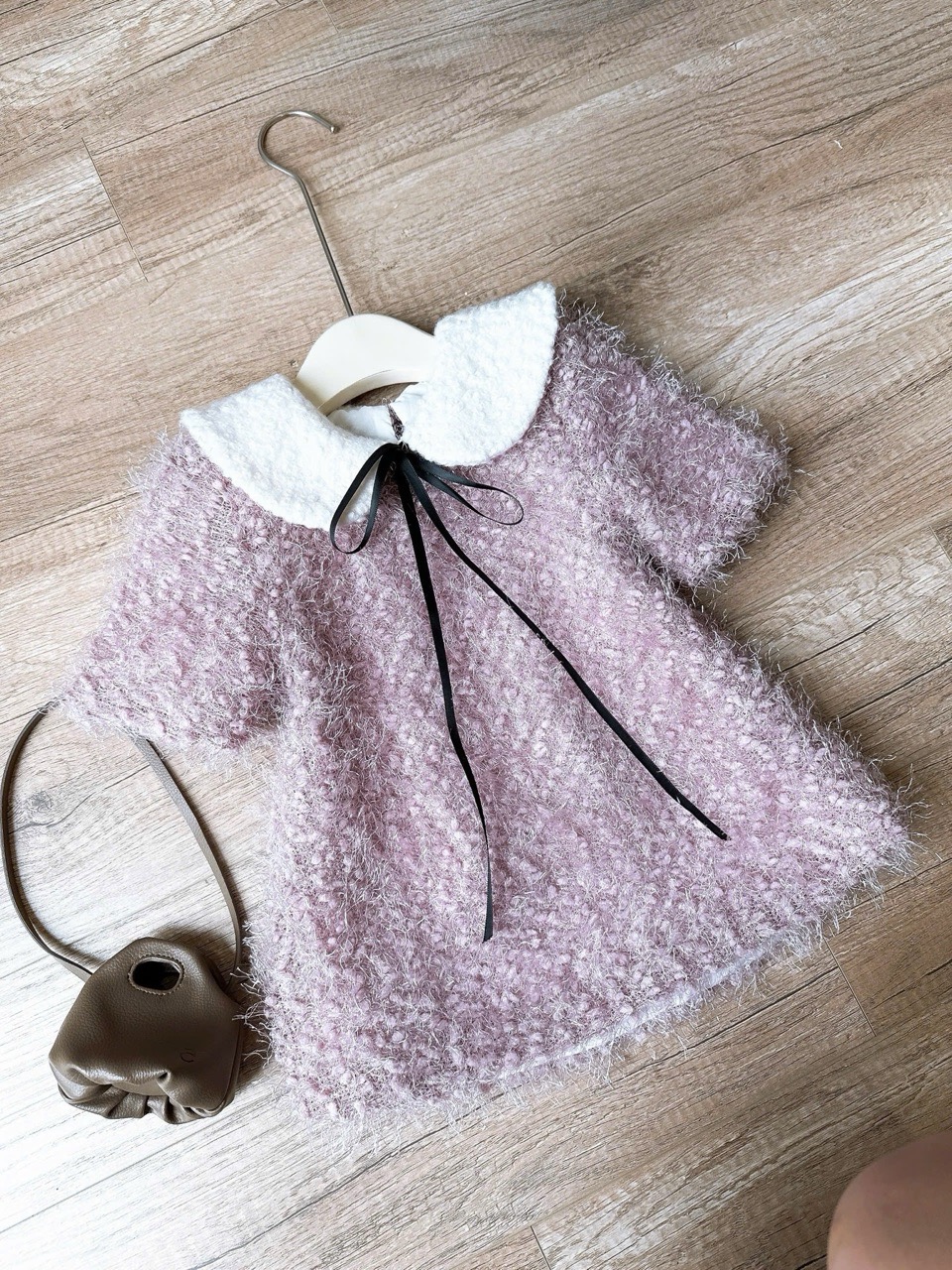 Váy len Tiny Winy lông phối cổ rời 2 màu hồng/đỏ cho bé size 1-9y