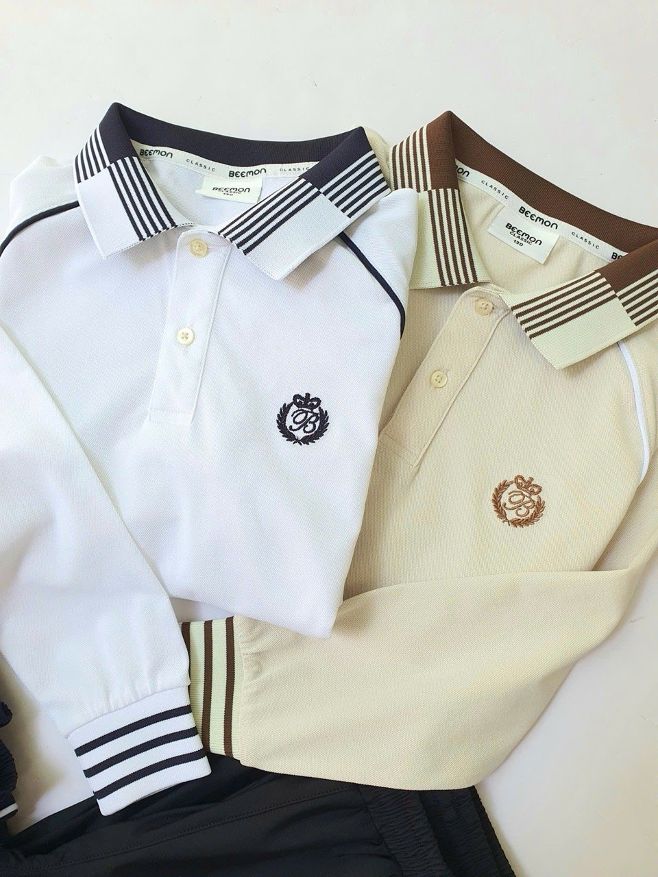 BM2508ST01 - Bộ Polo cổ kẻ Beemon dài tay 2 màu be nâu / trắng đen cho bé size 120 - 160