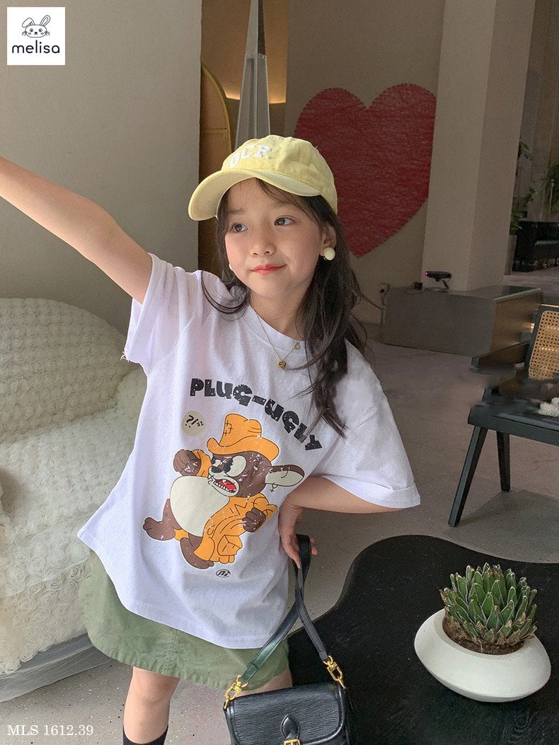 Set Melisa áo cotton trắng gấu - chân váy xanh rêu liền quần size 2 - 12y