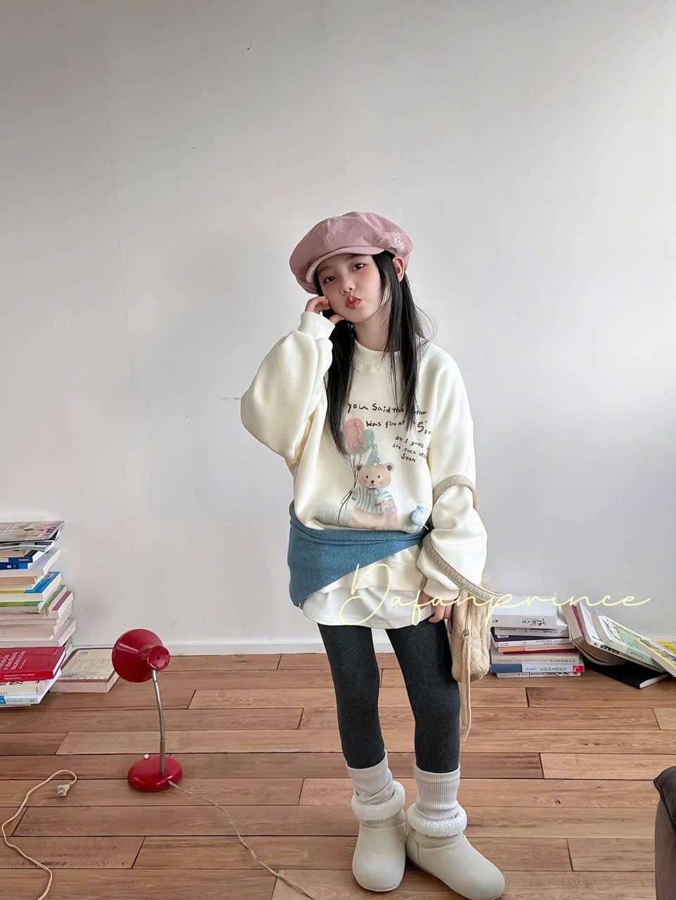 15348 - Áo nỉ lót nỉ QCCC màu kem gấu bóng bay size 110-160