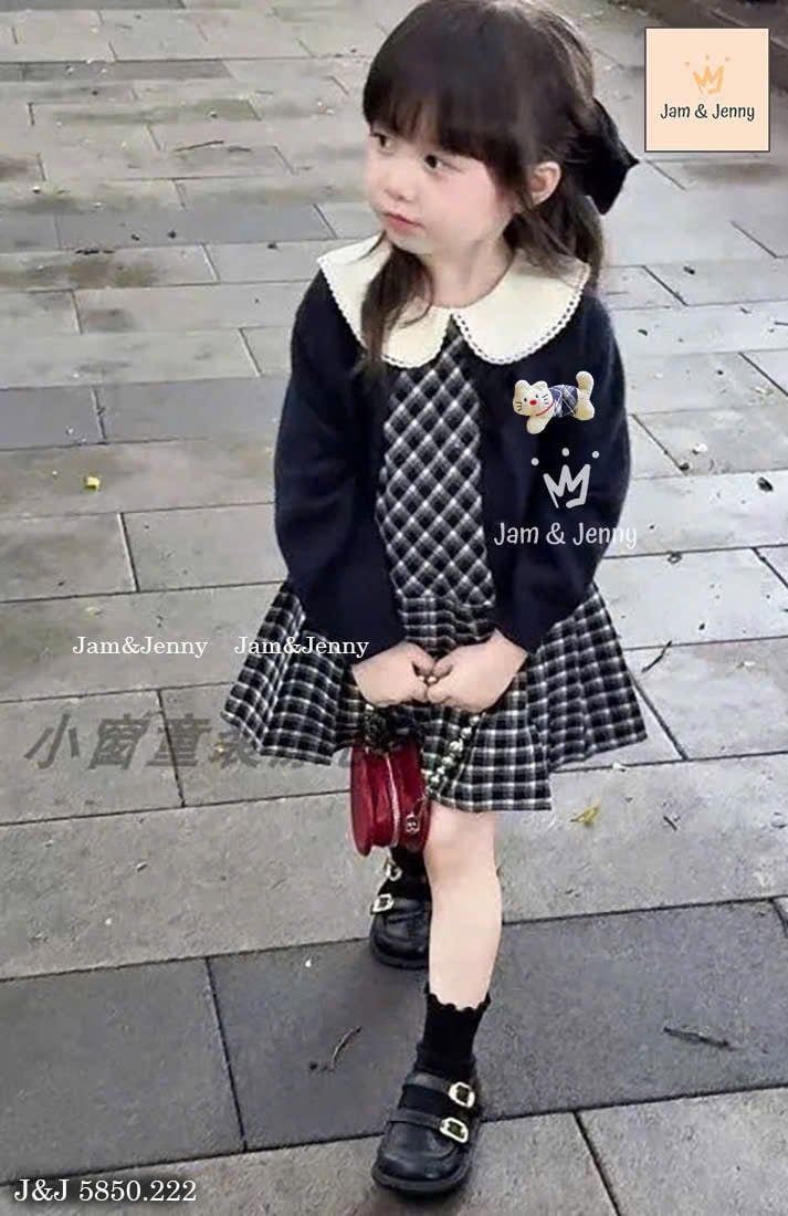 JJ 5850 - Set 2ct Jam & Jenny váy kẻ caro xanh cổ sen + cardigan bé gái size 2-12y