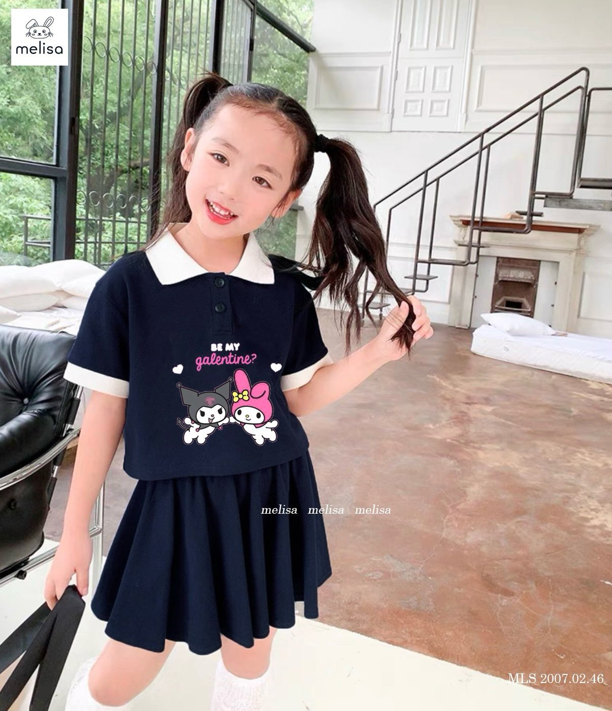 Set bộ Melisa áo polo croptop Kuromi - chân váy liền quần size 2-12y