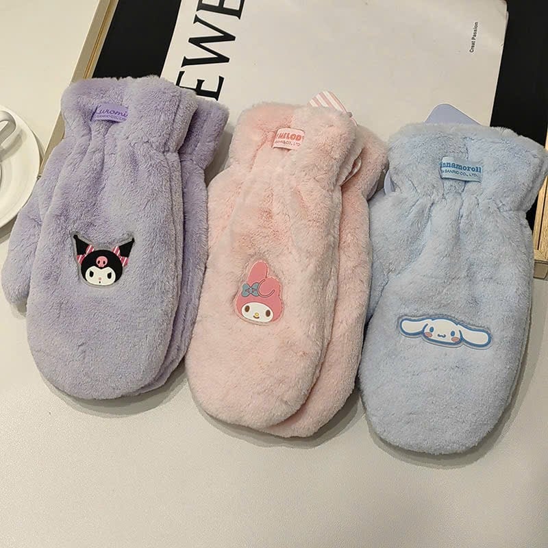 Găng tay lông chụp ngón hoạ tiết Kuromi, Melody, Cinnamoroll bé gái dòng đại size 8-14y