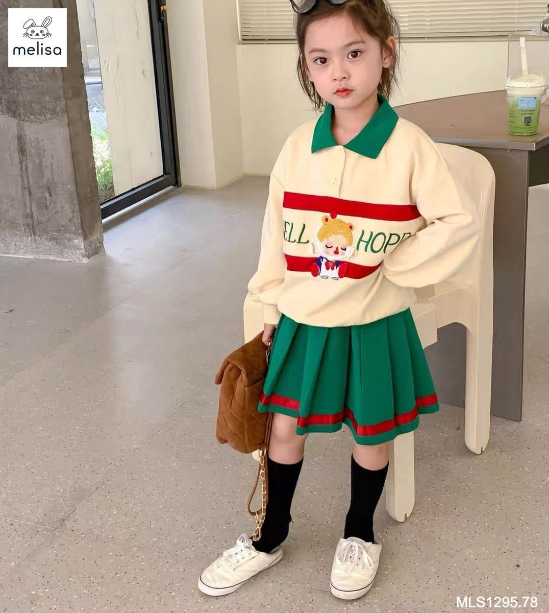 Set da cá Melisa áo kem phối xanh lá Well Hope + chân váy xanh lá size 2 - 12y