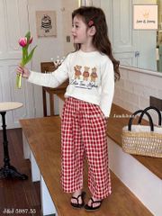 JJ 5987 - Bộ Jam & Jenny áo dài tay in gấu + quần kẻ caro đỏ bé gái size 6-12y