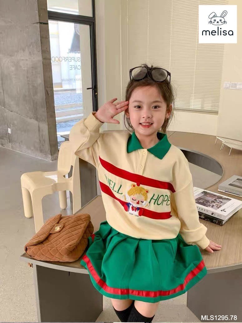 Set da cá Melisa áo kem phối xanh lá Well Hope + chân váy xanh lá size 2 - 12y