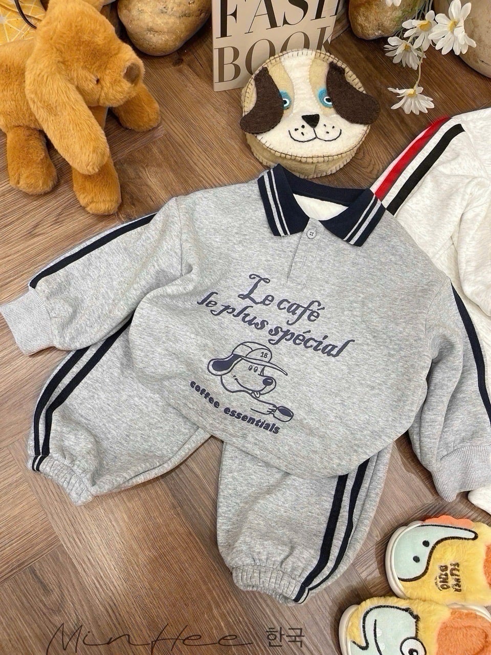 H0616 - Bộ nỉ polo màu ghi lót nỉ đại hàn cho bé size 90-130